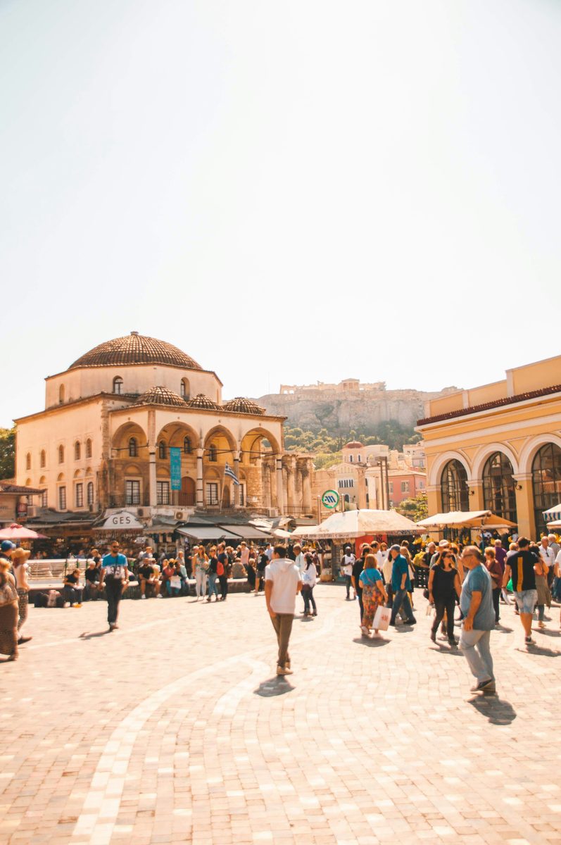 Crowds in Monastiraki Square in central Athens beside the old mosque