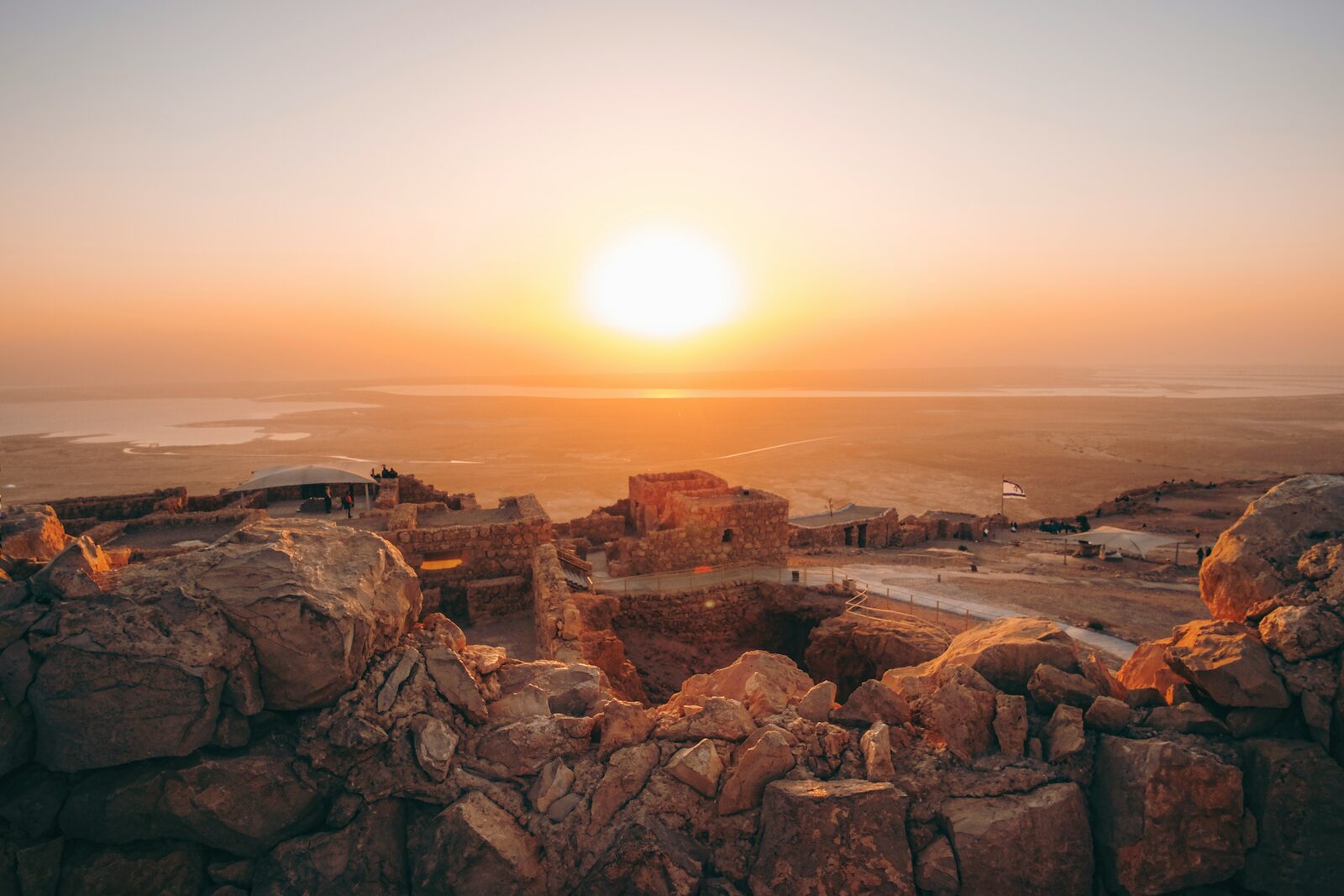 Sunrise over the Dead Sea seen from the ruins of the ancient hilltop fortress of Masada